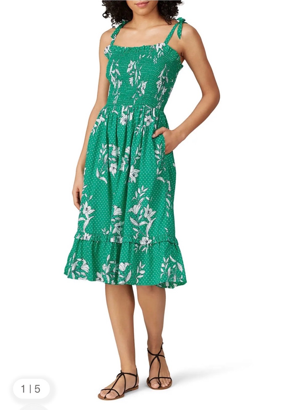 Draper James Green & White Swiss Dot Floral Tie-Shoulder Midi Dress NWT